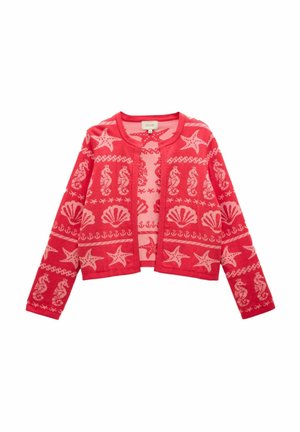 Roter gestrickter Cardigan mit rosa meeresbezogenen Mustern, darunter Seepferdchen, Muscheln und Sterne, mit Rundhalsausschnitt und langen Ärmeln.