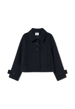 Cropped navy wool coat with large collar, toggle closures, side pockets, and buttoned cuffs. Smooth texture and structured design.