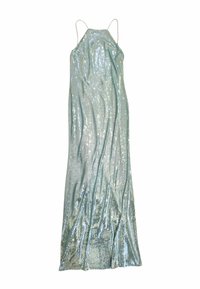 Abito maxi senza maniche in tessuto azzurro chiaro, ricoperto di paillettes lucenti, con design a collo halter e silhouette fluida.