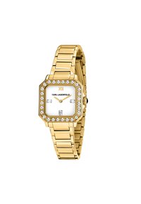 Orologio ottagonale dorato con quadrante bianco, incastonato di cristalli attorno alla lunetta. Presenta un bracciale a maglie e indicatori in numeri romani.