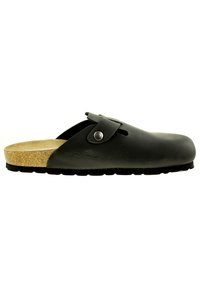 Schwarze Hausschuhe zum Hineinschlüpfen mit einem glatten Gummioberteil, Korkfußbett und strukturiertem schwarzen Boden. Mit einem seitlichen Riemen und einem metallischen Druckknopfverschluss.
