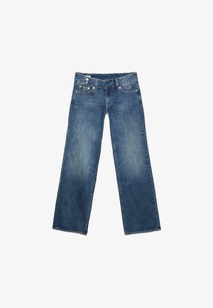 Blå denimjeans med vide lige ben, forlommer og knaplukning, vist fladt på en hvid baggrund.