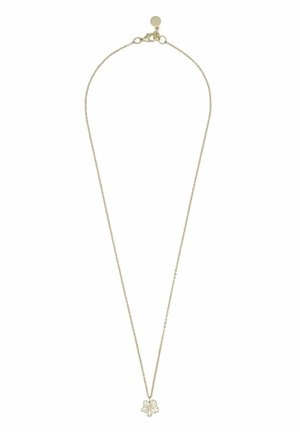 Delicate gold chain necklace with a small, openwork flower-shaped pendant and lobster clasp closure with an extender chain.