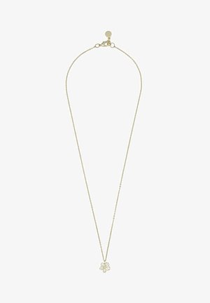 Delicate gold chain necklace with a small, openwork flower-shaped pendant and lobster clasp closure with an extender chain.