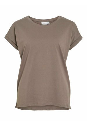 Korte mouwen, ronde hals T-shirt in een gedempt taupe kleur, gemaakt van gladde katoenstof met een losse pasvorm en omgeslagen mouwen.