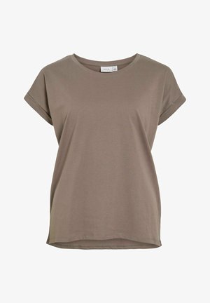 Korte mouwen, ronde hals T-shirt in een gedempt taupe kleur, gemaakt van gladde katoenstof met een losse pasvorm en omgeslagen mouwen.