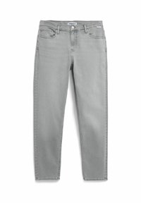 Jeans gris clair à jambes droites avec fermeture par boutons, passants pour ceinture, et poches avant et arrière, étalés à plat sur un fond blanc.