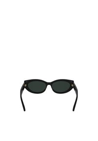 Black oval sunglasses with tinted green lenses, thin arms, and a glossy plastic frame. Notable gold hardware accents on the sides.