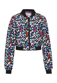Giacca bomber cropped con una base nera caratterizzata da una stampa leopardata multicolore, polsini a costine e chiusura con zip sul davanti.
