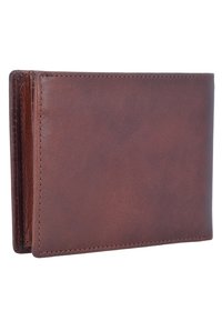Portafoglio in pelle marrone con texture liscia, design bifold, cuciture visibili e un interno per carte e contante.
