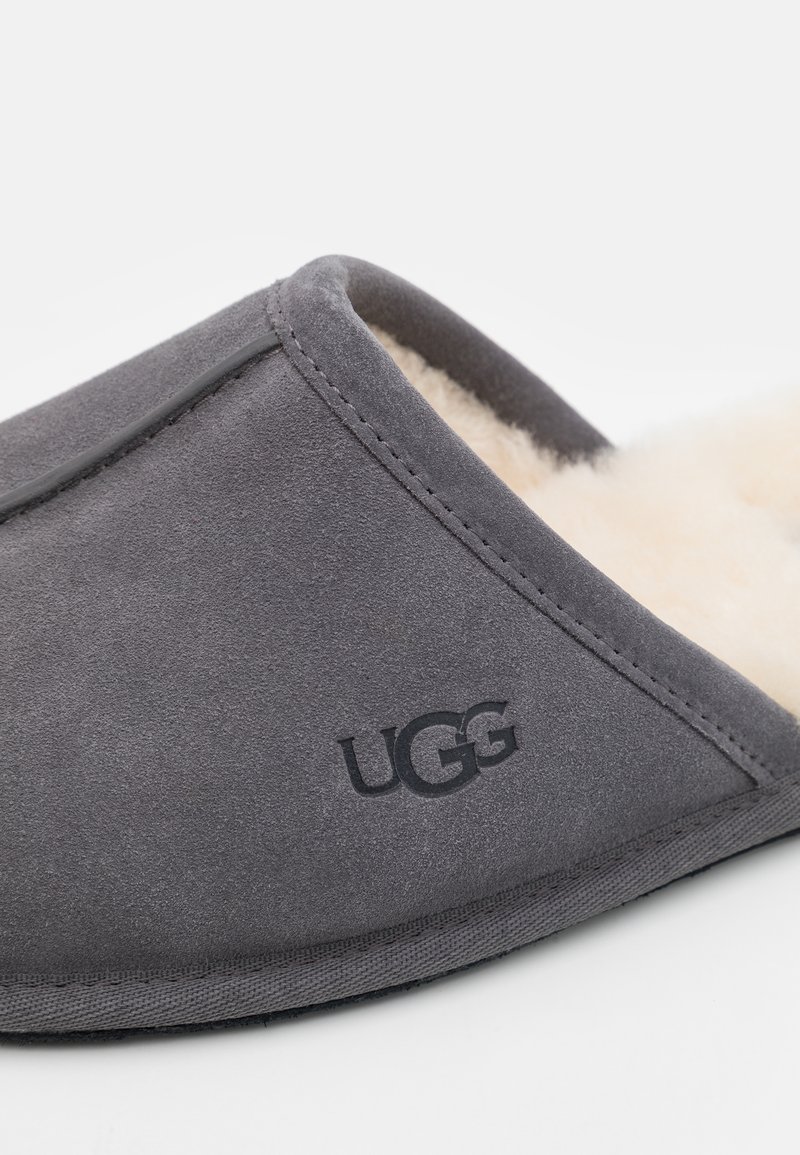 Pantofole in suede grigio con fodera in pelle di pecora color crema e suola in gomma. Presentano il logo UGG impresso sul lato. Design semplice.
