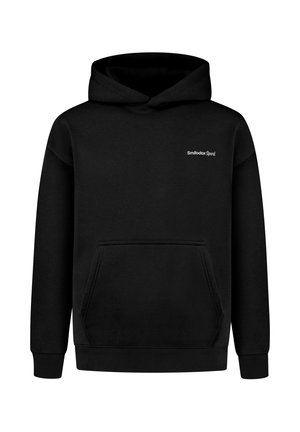 Schwarzer Hoodie aus Baumwollmischung, mit einer Fronttasche, gerippten Bündchen und Saum, sowie kleinem "Smilodox Sport"-Logo auf der Brust.