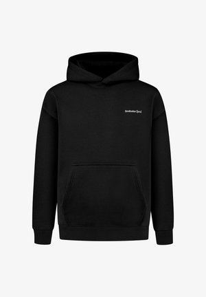 Schwarzer Hoodie aus Baumwollmischung, mit einer Fronttasche, gerippten Bündchen und Saum, sowie kleinem "Smilodox Sport"-Logo auf der Brust.
