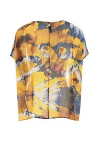 Chemisier transparent à manches courtes présentant un motif abstrait aux couleurs vives : jaune, bleu et marron, avec un dos en clé et une coupe loose.