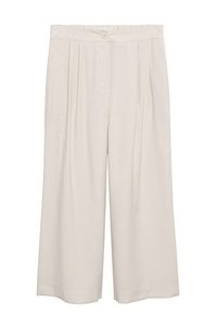 Pantalons beige à jambes larges avec plis sur le devant, taille boutonnée et fermeture frontale dissimulée.