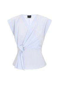 Top avvolgente azzurro chiaro realizzato in tessuto morbido. Presenta maniche a campana larghe, scollo a V e un dettaglio annodato in vita, creando una forma adatta.