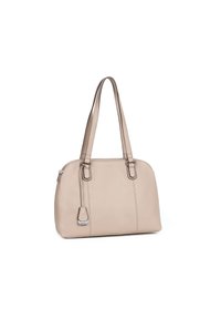 Borsa a tracolla in pelle beige con due spallacci resistenti, forma arrotondata, tasca laterale con zip e cuciture decorative sul fronte.