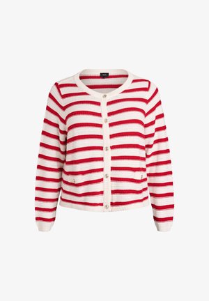Cardigan a righe rosse e bianche con scollatura rotonda, chiusura con bottoni e due tasche anteriori. Tessuto a maglia testurizzato con una vestibilità rilassata.