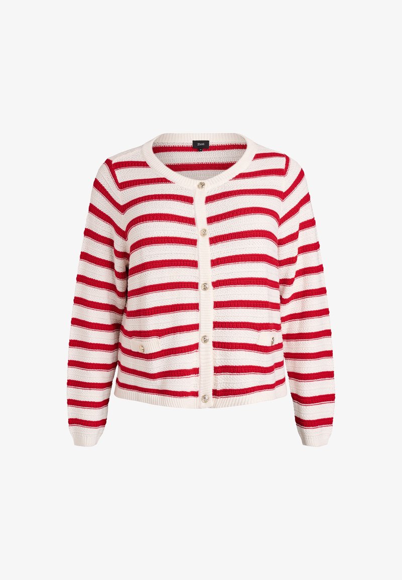 Rot-weißer gestreifter Cardigan mit rundem Ausschnitt, Knopfverschluss und zwei vorderen Taschen. Strukturierter Strickstoff mit lockerem Schnitt.