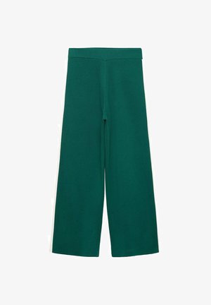 Zelene hlače širokih nogavic z visokim pasom in ravnim krojem, razporejene na belem ozadju.