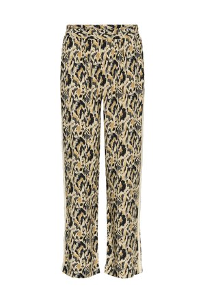 Pantaloni cu imprimeu leopard în bej, negru și maro. Prezintă o croială lejeră, talie elastică și dungi laterale. Material neted și ușor.