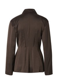 Veste longue cintrée marron foncé avec col, détails de coutures visibles et coupe structurée à l'arrière.