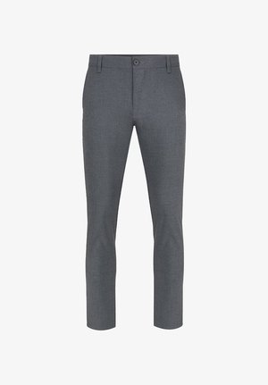 Szare dopasowane spodnie z delikatnym połyskiem, z guzikiem w pasie, prostymi nogawkami i subtelną teksturą materiału.