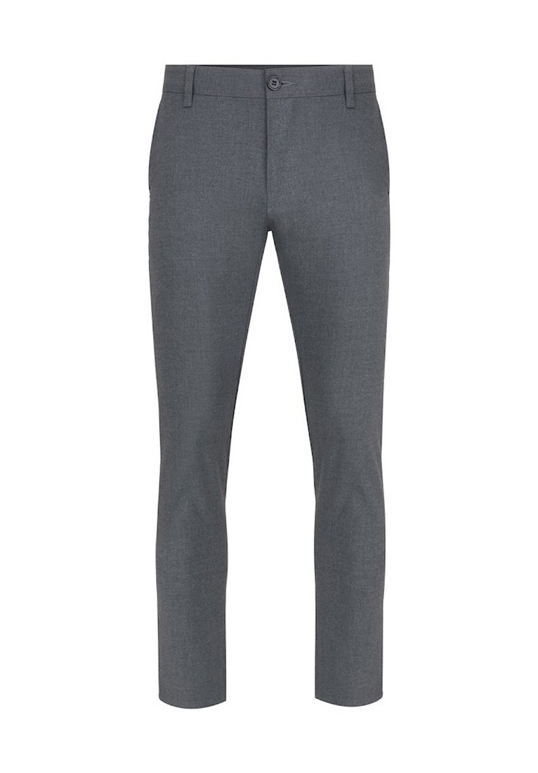 Szare dopasowane spodnie z delikatnym połyskiem, z guzikiem w pasie, prostymi nogawkami i subtelną teksturą materiału.