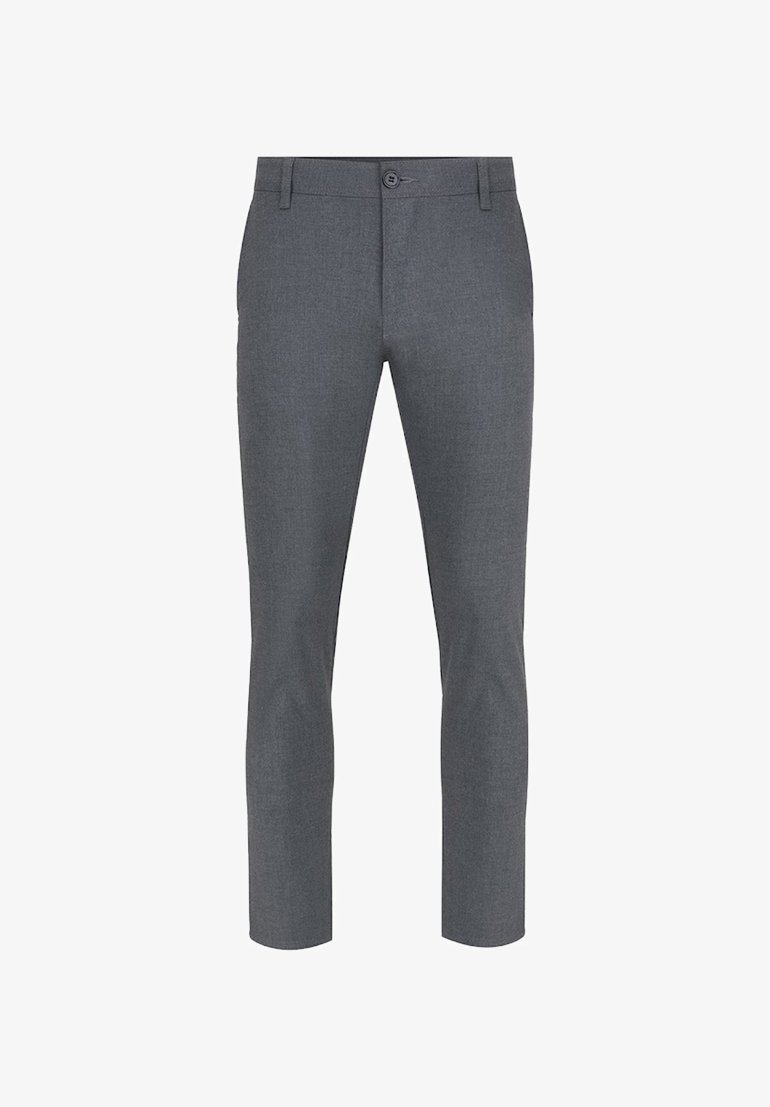 Szare dopasowane spodnie z delikatnym połyskiem, z guzikiem w pasie, prostymi nogawkami i subtelną teksturą materiału.
