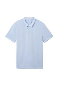 Ljusblå kortärmad pikétröja med krage, som har två knappar, subtil textur och en liten logobrodering på bröstet.
