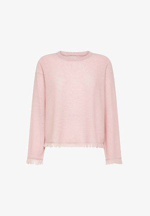Maglione rosa chiaro con maniche lunghe, colletto rotondo e orlo e polsini sfrangiati.
