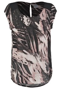 Bluzka bez rękawów z abstrakcyjnym wzorem pociągnięć pędzla w kolorach czarnym, szarym i jasnoróżowym, zaokrąglony dekolt i mały otwór w kształcie klucza z tyłu.