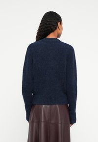 Ilgų garbanotų plaukų asmuo vilki tamsiai mėlyną pūkuotą megztinį ir rudą odinę sijoną, atsisukęs atgal prieš paprastą baltą foną.