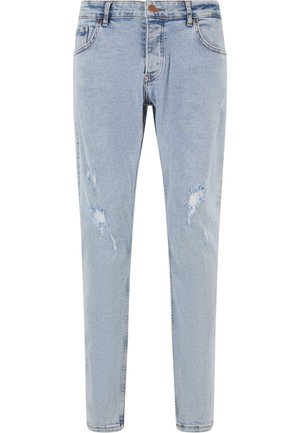 Hellblaue Denim-Jeans mit schmaler Passform, distressed Details an den Beinen und einem klassischen Fünf-Taschen-Design mit Knopfverschluss.