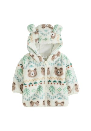 Veste bébé en polaire douce avec capuche et oreilles d’ours, décorée de visages d’ours marron et de motifs d’arbres verts, fermeture éclair devant.