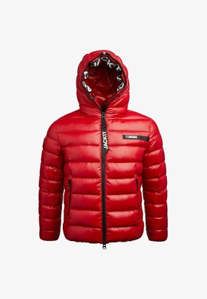 Červená zateplená bunda s kapucňou, čierny zips, dve vrecká na zips a text "JACKIT" na hrudi a podšívke kapucne.