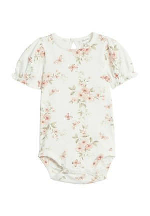 Hvid babyheldragt med puffede ærmer, med et mønster af pink blomster og sommerfugle, samt trykknapper i bunden for nem udskiftning.
