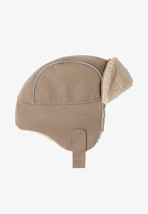 Béžová zimní čepice s měkkou umělou kožešinou uvnitř, ušními klapkami a páskem. Má hladký povrch s reflexními akcenty podél švů.