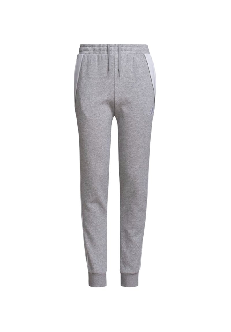 Graue Jogginghose mit elastischem Bund, Seitentaschen und gerippten Bündchen. Verfügt über kontrastierende weiße Einsätze an den Seiten.