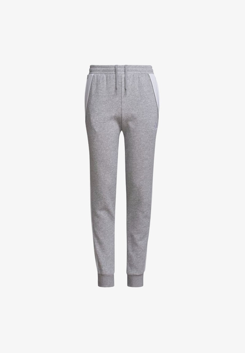 Pantalones de chándal grises con cintura elástica, bolsillos laterales y puños acanalados. Presenta paneles contrastantes en blanco a los lados.