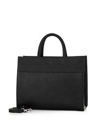 Borsa a spalla nera con texture liscia, due manici arrotondati e una tracolla rimovibile. Presenta un design minimalista con un frontale piatto.
