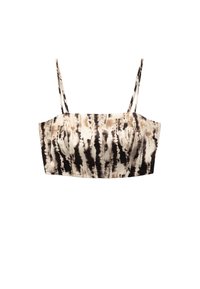 Top corto hecho de una tela suave con un patrón de tie-dye en crema, negro y marrón, con delgadas tiras ajustables y un corsé estructurado.