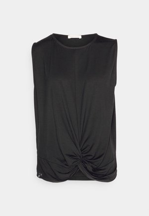 T-shirt noir sans manches avec un détail de nœud torsadé à la taille, texture lisse, encolure ronde et sans décorations visibles.