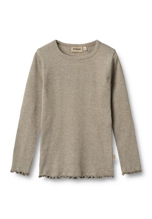 Beige langermet ribbestrikket genser med rund hals og rysjekant på mansjetter og nederkant, med merke "Wheat" på kragetaggen.