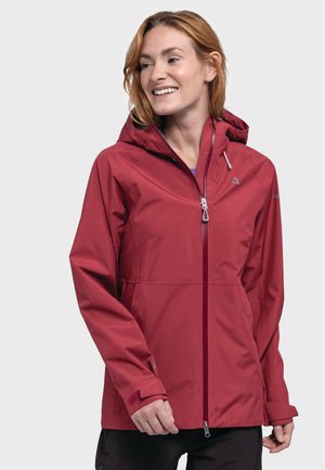 Red, waterproof jacket with a hood, zip closure, and adjustable cuffs. Features a smooth texture and minimal design accents.