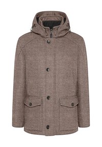 Brauner Wollmix-Mantel mit Kapuze, Reißverschluss, Knopfakzenten und zwei vorderen Taschen. Hat eine strukturierte Oberfläche und Raglanärmel.