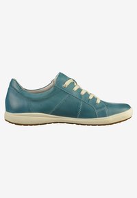 Blue leather sneakers with cream laces and soles. Features a smooth texture and stitched accents on the side. Low-profile design.