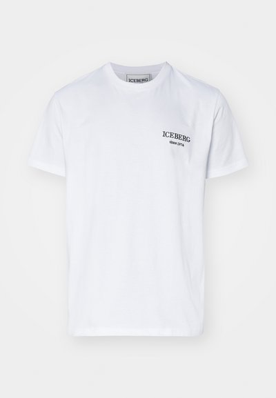 Weißes Baumwoll-T-Shirt mit Rundhalsausschnitt, kurzen Ärmeln und einem schwarzen "ICEBERG since 1974" Logo auf der linken Brust.