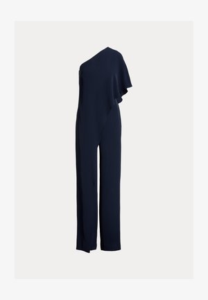 Marineblå ensidig jumpsuit med draperet flæse på den ene side, skræddersyet pasform med brede ben, fremstillet af glat, let stof.