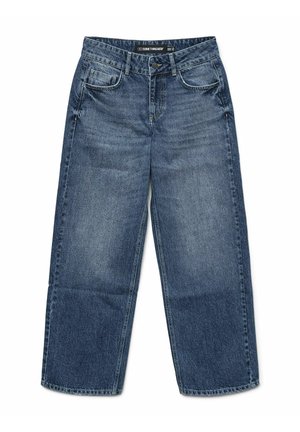 Jeans en denim bleu à coupe ample, dotés d'un design à cinq poches, d'une fermeture par bouton et d'une légère décoloration dans la texture du tissu.